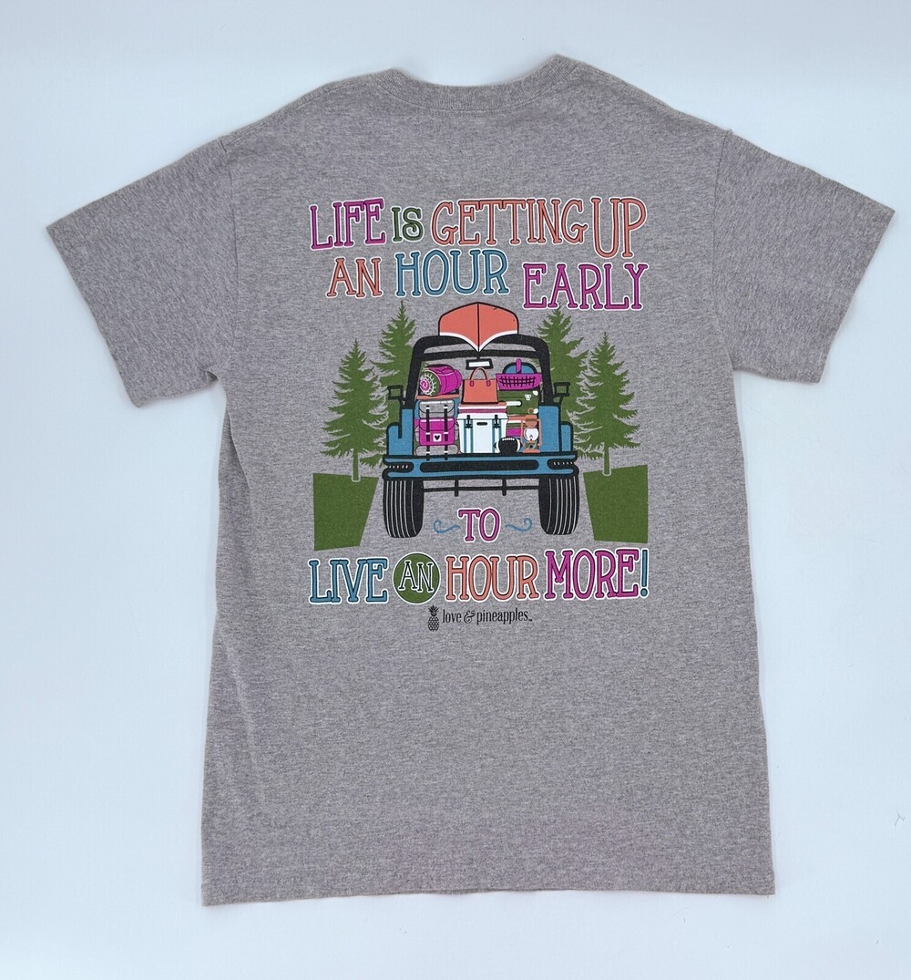 Love & Pineapples Shirt Womens Small Gray Life Is Getting Up Early Outdoor Quote